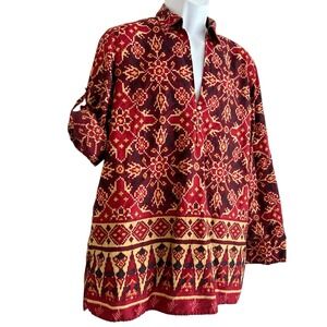 Ralph Lauren Tunic Shirt XL Popover Ikat Southwestern Side Slit Top Roll Sleeve
